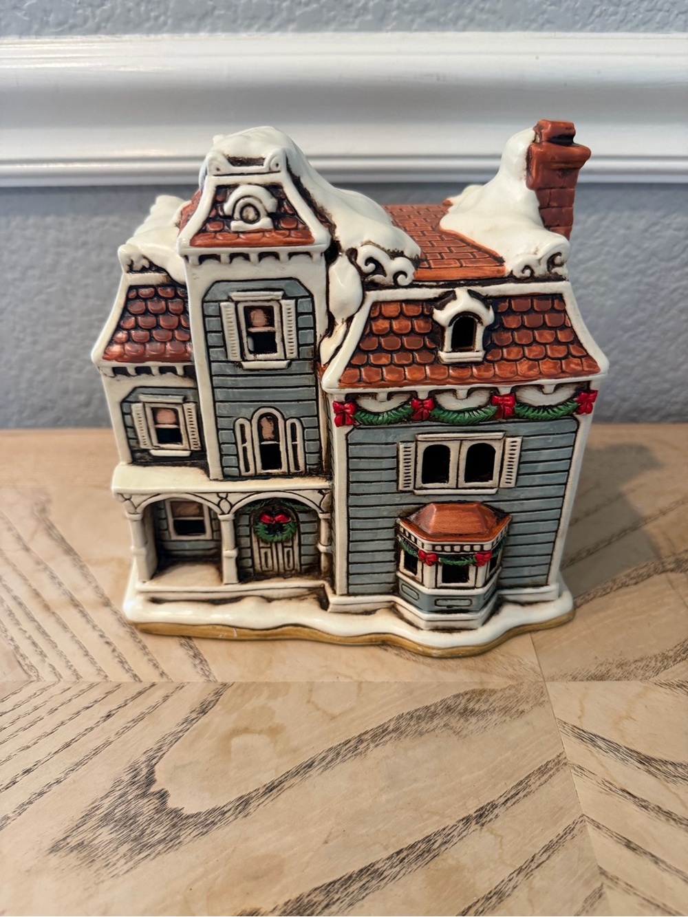 Holiday Ceramic Victorian House Decoration in Blue and Rust